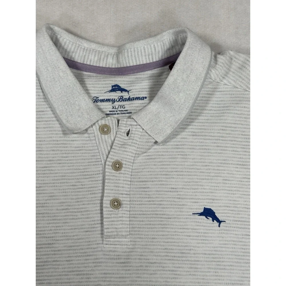 Tommy Bahama Men's Gray Striped Polo Marlin Logo Short Sleeve Shirt - Size XL - Picture 3 of 10